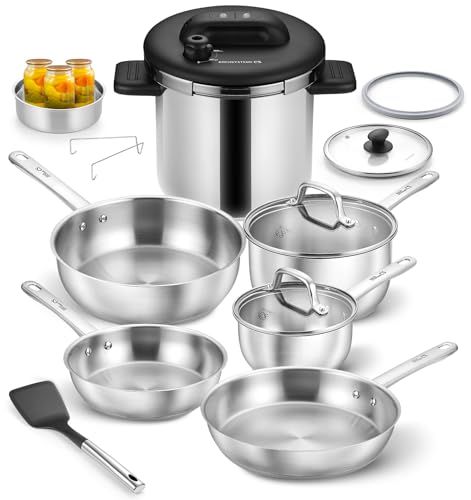 Image of KOCH SYSTEME CS 14 Piece Stainless Steel Cookware Set with Pressure Cooker, Stainless Steel Pressure Cooker with Pots and Pans Set, 18 /10 Stainless Steel Cookware Set, Induction Ready