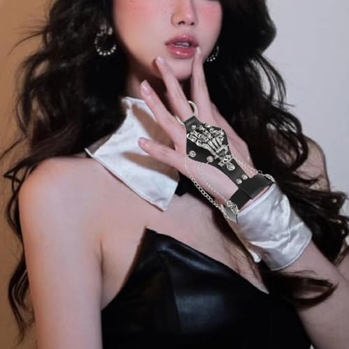 MIAO JIN 2Pcs Skeleton Hand Bracelet,Gothic Punk Rock Spike Skull Ghost Leather Cuff Bracelet Accessories With Claw Finger Wristband,Halloween Jewelry Decoration for Women Men on Party,Black4