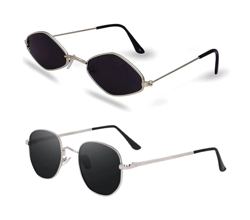 Unisex Metal Frame Sunglasses Set, Silver Frame with Black Lenses, 2-Piece Combo Pack-image-24
