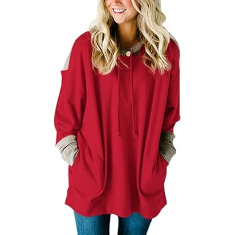 SEBOWEL Womens Hooded Waffle Knit Splice Strappy Drawstring Hoodies Casual Long Sleeve Sweatshirts with Pocket Red XXL Cover