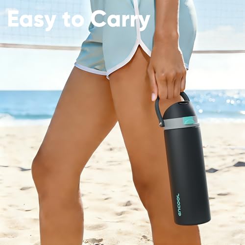 Image of Insulated Water Bottle with Straw - Encool Stainless Steel Water Bottle with Push Button Lid, Leak-Proof & BPA-Free, Keeps Cold for 24 Hours for Sports, Travel, Gym (32 oz, Tuna Grey-Green)