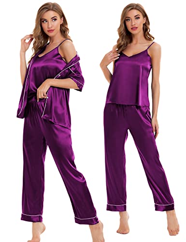 Image of SWOMOG Womens Silk Satin Pajamas Sets 4pcs Sleepwear Sexy Cami Shorts Set and Button Down Short Sleeve Pjs Loungewear Purple X-Large