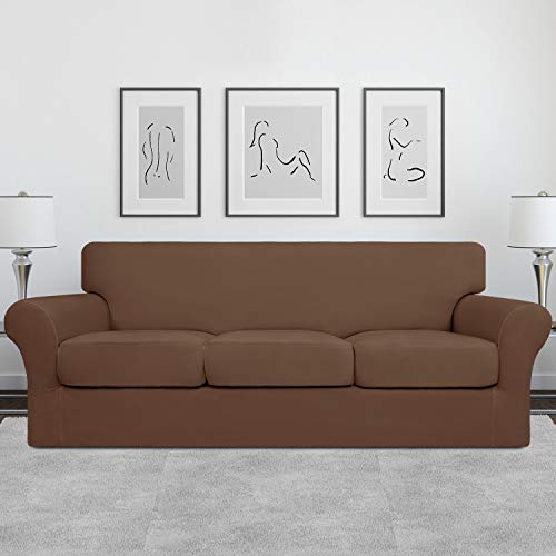 Image of Easy-Going 4 Pieces Stretch Soft Couch Cover for Dogs - Washable Sofa Slipcover for 3 Separate Cushion Couch - Elastic Furniture Protector for Pets, Kids (Sofa, Brown, Large) | Sofa Slipcover for Stretch 3 Separate Sectional Cushion Couch - Furniture Protector for Pets, Kids Brown