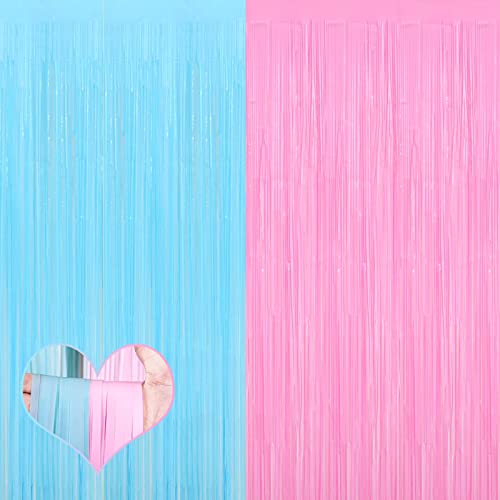 Image of 4 Pack 3.2Ft x 9.8Ft Pink Blue Fringe Curtain Backdrop, Metallic Tinsel Foil Fringe Streamers Curtains Background for Photo Booth Wedding Gender Reveal Backdrop Boy or Girl Birthday Party Decoration