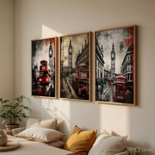 Image of Livin'luxe London City Wall Painting Set of 3 with Wooden Frames | Big Ben & Red Bus London Street Artwork HD Sparkle Laminated MDF Wall Decor | Modern Travel Wall Art for Living Room