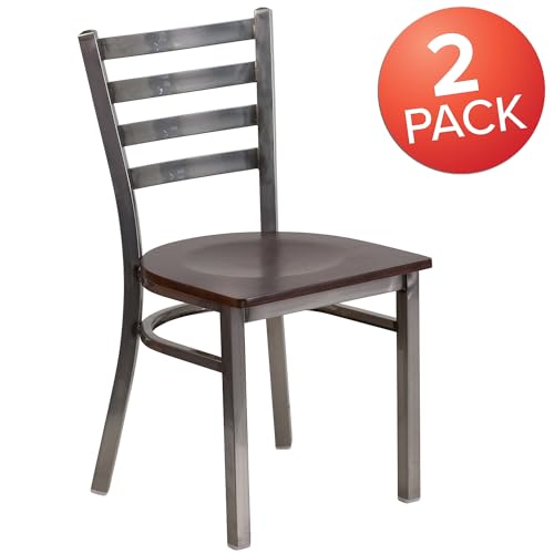 Image of Flash Furniture HERCULES Series Clear Coated Ladder Back Metal Restaurant Chair - Walnut Wood Seat