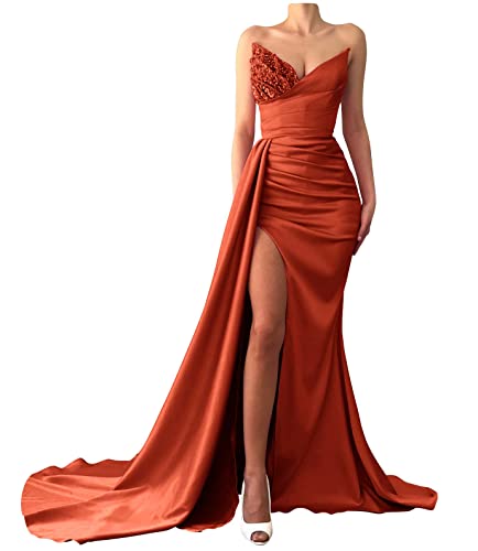 Strapless Satin Prom Dresses for Women 2025 Mermaid Bridesmaid Dresses Sequin Beaded Evening Gowns with Slit