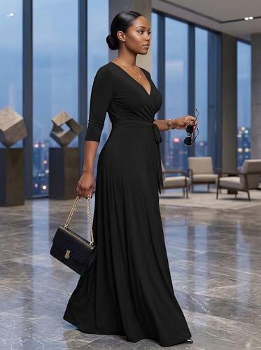 Image of PinkPatty Plus Size Maxi Dresses for Women Casual Flowy Long Dress 3 /4 Sleeve V Neck Wrap Dress with Belt