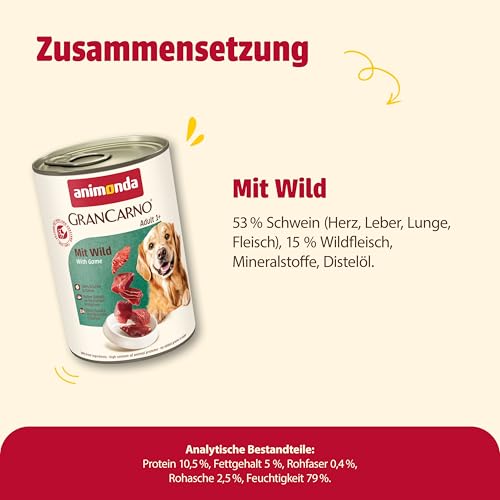 animonda GranCarno Hunde Nassfutter mit Wild (6 x 400 g), getreidefreies Hundenassfutter ohne Zucker, für ausgewachsene Hunde, mit frischen fleischigen Zutaten