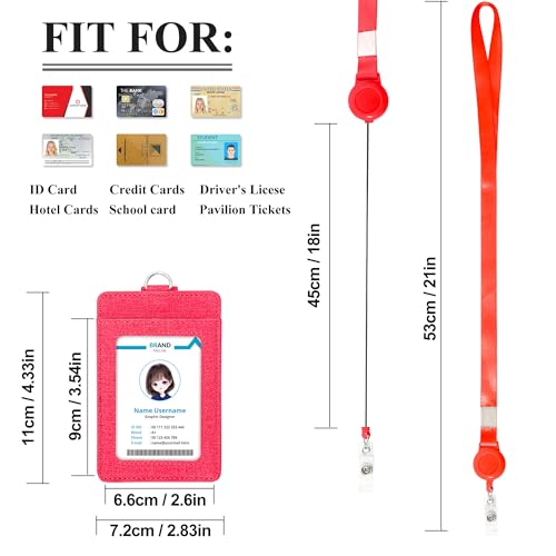Image of Conisy ID Badge Holder with Retractable Lanyard, Vertical PU Leather ID Badge Card Holder with 2 Card Slots for Women Men (ID Badge Holder Red)