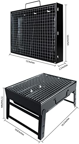 BBQ Barbecue Grill, Portable Folding Charcoal Barbecue Desk Tabletop Outdoor Stainless Steel Smoker BBQ for Picnic Garden Terrace Camping Travel 15.35''x11.41''x2.95'' (Black)