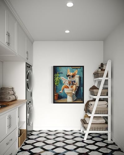 Image of Chihuahua on Toilet Black Framed Wall Art Print Poster, Dog Bathroom Humor Decor Posters Prints for Restroom Home Picture Painting Artwork Gallery 7 (Chihuahua, 10 inchL x 8 inchW, Black Frame)