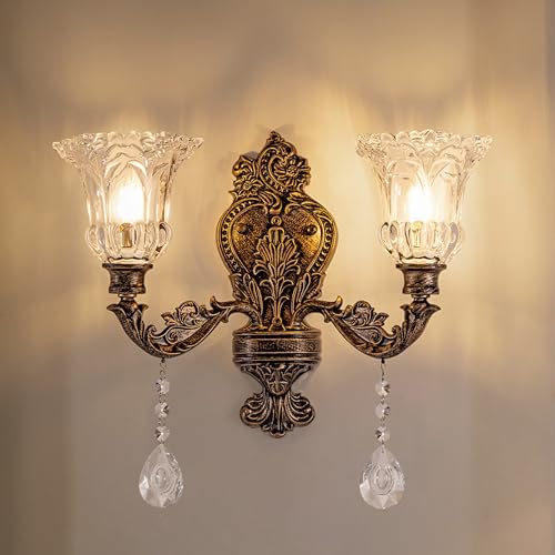 Image of Wellmet 2-Lights Bronze Wall Sconce, Retro Wall Light, Bathroom Vanity Wall Lamp, Wall Light Fixtures for Living Room, Bedroom, Hallway, Bathroom, Stairway, W-18in (Bulb not Include)