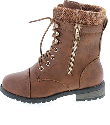 JJF Shoes Mango-31 Kids Tan Round Toe Military Lace Up Knit Ankle Cuff Low Heel Combat Boots-92