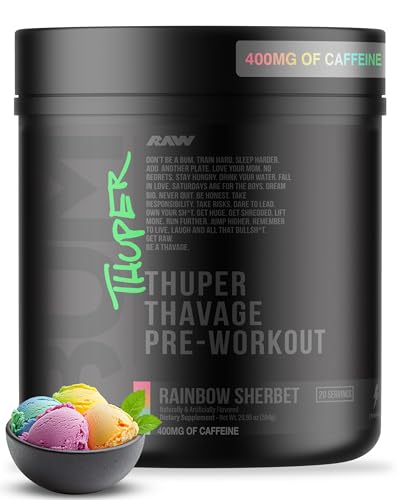RAW Thuper Thavage Pre Workout Powder - High-Stim Preworkout with Creatine, Beta Alanine, L-Citrulline & Caffeine - Chris Bumstead Gym & Fitness Supplement for Men & Women - Rainbow Sherbet