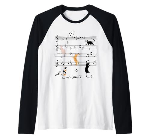 Funny Cat Climbing Playing Sheet Music Note, Cat Music Notes Raglan Baseball Tee