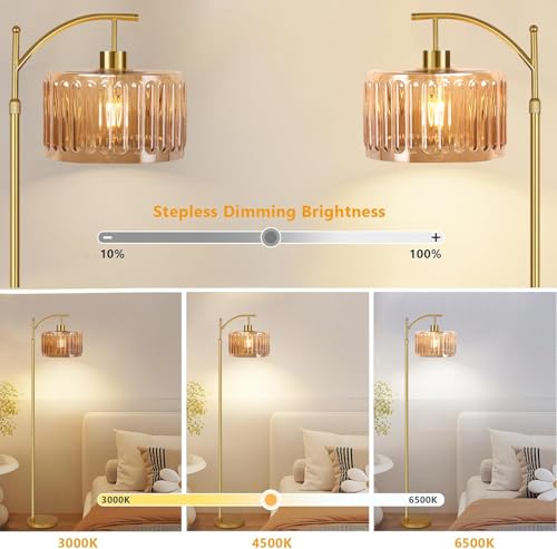 Image of QIYIZM Glass Floor Lamp for Living Room,Bedroom,Gold Dimmable Standing Lamp with Remote,Mid Century Modern Brass Tall Lamp Boho Vintage Retro Floor Lamps Arc Amber Flower Floor Light Lamp Bohemian