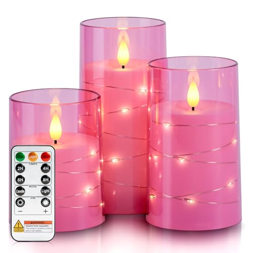 Homemory Flickering Flameless Candles Pink LED Pillar Candles with Remote