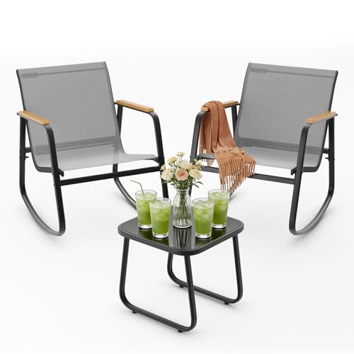 Catálogo para Comprar On-line Muebles y accesorios de jardín los mejores 5. 41 BRO A SIS Set de Muebles para Jardín con 2 Sillas Mecedoras - Conjunto Bistró de Textileno Negro y Acero, Sala Exterior Moderna para Balcón y Terraza con Brazos de Madera (3...