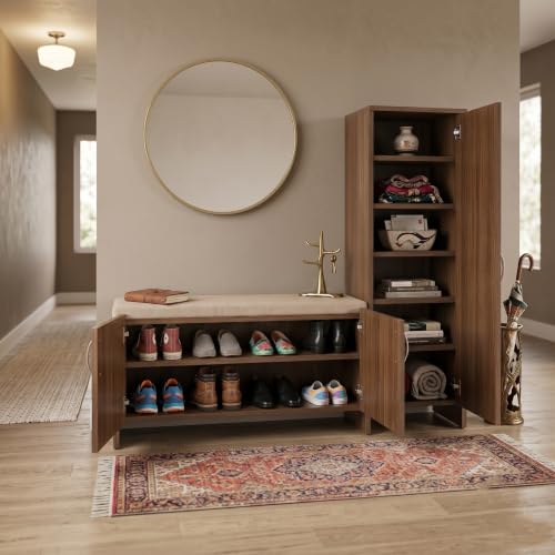 Image of Alpine Willow Shoe Rack with door wooden (DIY assembly) Wooden Shoe Rack with Cushioned Seating | Shoe Cabinet with doors | Shoerack with seating bench Cushion | Entryway Organizer (20 Pairs' storage)