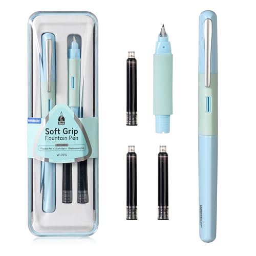 Image of WRITECH Soft Grip Fountain Pen: Black Ink Fine Nib Pen with 1 Replacement Nib Set and 3 Ink Cartridges Smooth Writing for Calligraphy Journaling Gift (Blue)