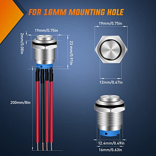 Image of Nilight 16mm 12V Latching Push Button Switch Pre-Wired LED 5 Pack Kit