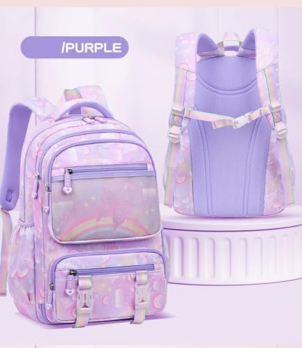 Image of Kids Backpack for Girls.Girls Backpack,School Bag for Kids.GirlsTeens Middle Student,Kawaii Children's Book Bag Rainbow Butterfly Purple