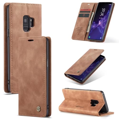 SLWYF Handyhülle für Samsung Galaxy S9 Hülle Premium Lederhülle Klappbar Flip Hülle Tasche Magnet Kartenfach Standfunktion Klapphülle Schutzhülle für Samsung Galaxy S9, Braun
