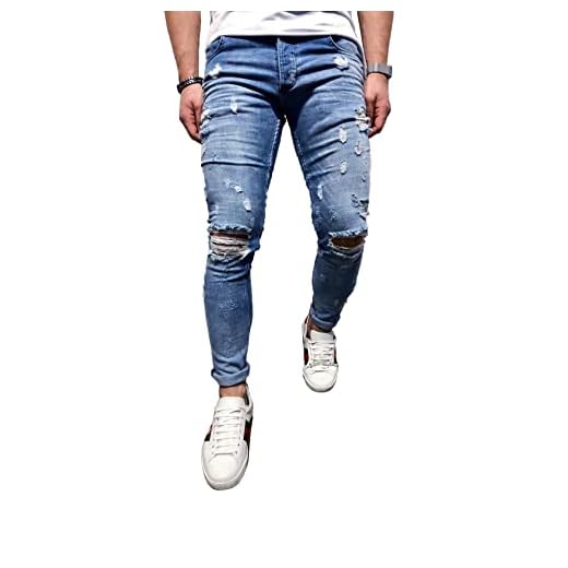 BMEIG Herr skinny jeans destroyed ripped slimmad passform stretch distressed denim basic herr jeansbyxor designer S-4XL blå