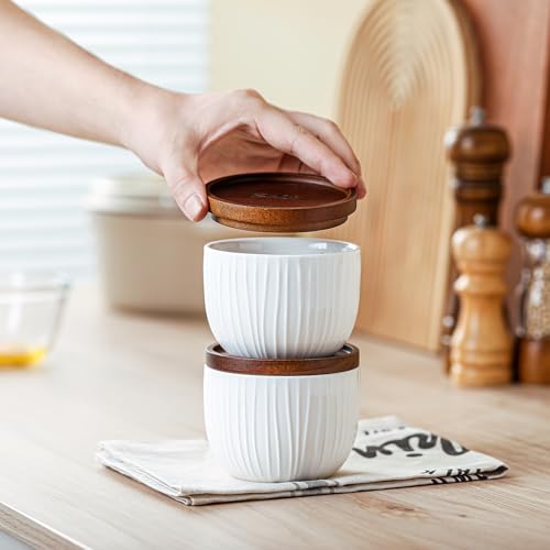 Adewnest Ceramic Salt and Pepper Bowls: 10 oz Stackable Spice Cellar with Wooden Lid - Stacked Seasoning Storage Containers for Kitchen Countertop - White, Set of 2 by Adewnest - Image 3