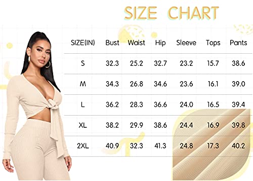 Women’s 2 Piece Tracksuit Lace-up knitted Crop Top and Long Bodycon Pant Set Sweatsuit Clubwear Outfits, Trending Fall Athletic Two Piece Colthing Sets for Women (Khaki, S)