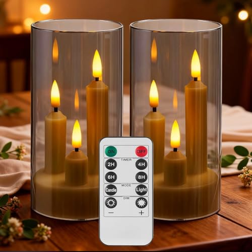KBIBCK LED Flameless Candles, 2Pcs 3 in 1 Flameless Candles Flickering with Remote Control and Timer, Battery Operated LED Three-Wick Pillar Candle with Gray Acrylic Cover for Home Party Festival