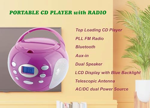 HANNLOMAX HX-305CD Portable CD Boombox, PLL FM Radio, Bluetooth, LCD Dislay with Backlight, Aux-in, AC/DC Dual Power Source (Purple)