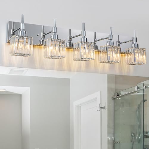 Image of 5 Light Chrome Crystal Bothroom Vanity Lights Over Mirror, Modern Bathroom Lighting Fixture,Wall Sconce for Mirror（Dressing Room, Entryway,Vanity Desk）