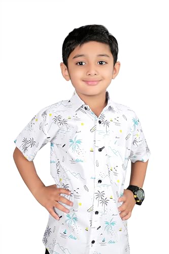 Image of Vikita Enterprise Kid Boy's Cotton Hawaiian Tropical Printed Shirt with Spread Collar Neck Half Sleeves Button Closure Curved Length | Shirt For Kids Boys | 3652