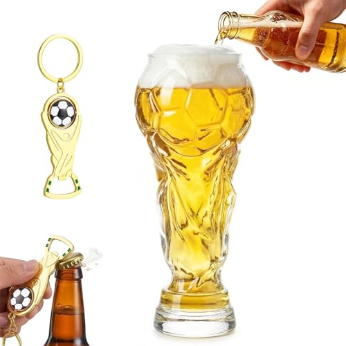 Image of KMFASVX Trophy Shaped Beer Glass 600ml with Football Bottle Opener, 2026 World Cup Limited Edition Pint Glass for Soccer Enthusiasts, Match Day Party Supplies Gift for Men Dad Football Fans