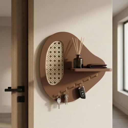 Image of Home Sparkle Wall Mounted Key Holder with Shelf & 6 Hooks | MDF Wood | Modern Entryway Key Organizer for Home Entrance, Keys, Wallet & Sunglasses