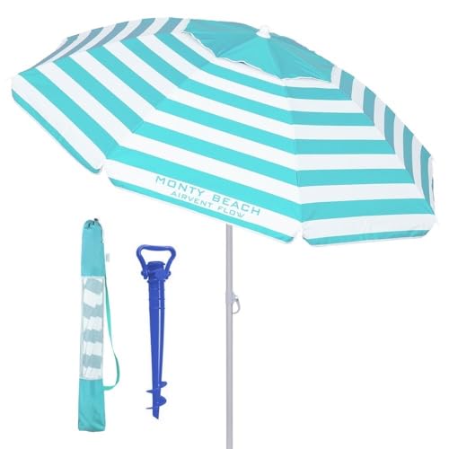 LOLAhome Sombrilla playa 220 cm y soporte arena, protección UV+50, sombrilla antiviento, varillas flexibles fibra vidrio, techo ventilación, mástil inclinable y regulable altura, bolsa transporte