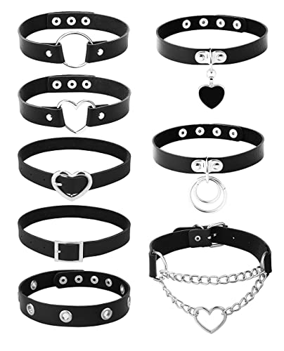 JeweBella 6/8 Pièces Gothique Cuir Collier Ras de Cou Femmes Punk Chaîne Clavicule PU Noir Ras du Cou Spike Collier Chocker Clouté Tour de Cou Rock Ceinture Coeur Collier Réglable Halloween Cosplay