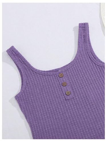Image of RoseSeek Girl's 2 Piece Outfits Waffle Knit Scoop Neck Button Down Crop Tank Tops Paperbag Waist Track Shorts