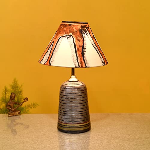 Image of AAKRITI ART CREATIONS Terracotta Table Lamp for Study Room, Bedroom & Living Room Decoration | Abstract Tribal Chevron Pattern Bedside Lamp with Cotton Fabric Shade | Aesthetic Night Lamp