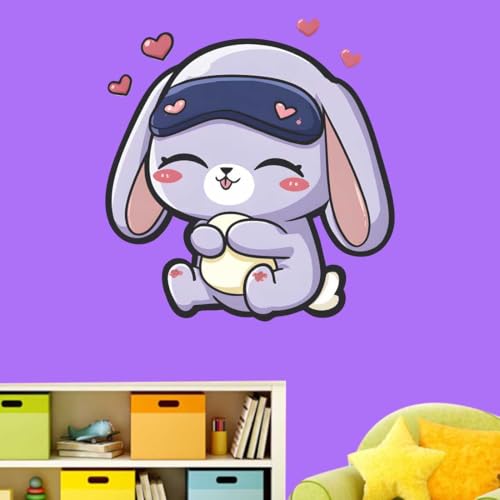 Image of Cute Sleeping Bunny Wall Sticker | Self Adhesive Cartoon Rabbit PVC Wall Decal for Ki-ds Room, Nursery, Bedroom & Playroom Decor