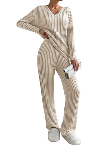 Famulily Womens Pajama Sets Two Piece Outfits Comfy Soft Knit Sets for Fall Long Sleeve V Neck T-Shirt Loose Pants Beige L