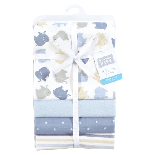 Image of Hudson Baby Unisex Baby Cotton Flannel Receiving Blankets 4-Pack, Multi Color Boy Elephant, One Size