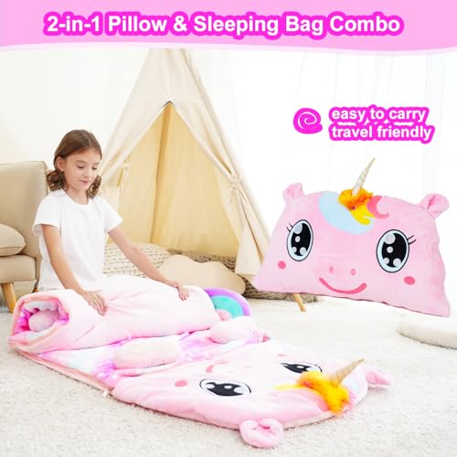 Image of Kid Sleeping Bag with Pillow - Larger Nap Mat - Plush Slumber Bag for Boys Girls Daycare Preschool Kindergarten Birthday Gift Travel Sleepover Ages 3-12 Years