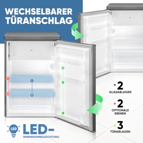 Bomann® Kühlschrank mit Gefrierfach | 109 Liter | energieeffizient, leise & kompakt | 2 Ablagen, Obst- & Gemüsefach | 4-Sterne-Gefrierfach | Türanschlag wechselbar | KS 7251 inox