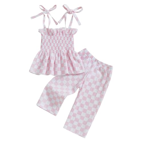 Image of Thorn Tree Toddler Girl Clothes Plaid Printed Sleeveless Pleated Camisole Linen Pants Set Baby Summer Outfits