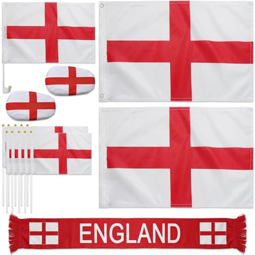 16PCS World cup Football 2026 St Georges Flag 150x90cm England Flag Cape Set with Car Flags Hand Waving Flags Scarf World Cup Merchandise Souvenir for Football Fans Supporters Party Decorations