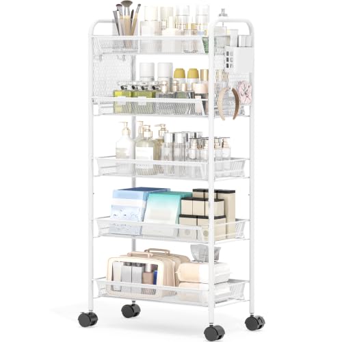 KINGRACK 5 Tier Rolling Cart, Metal Utility Storage Cart with Pegboard | Screwless Assembly, Lockable Wheels, 4 Hooks & 1 Bin, Mobile Organizer for Bathroom Kitchen Office Craft Room Laundry, White