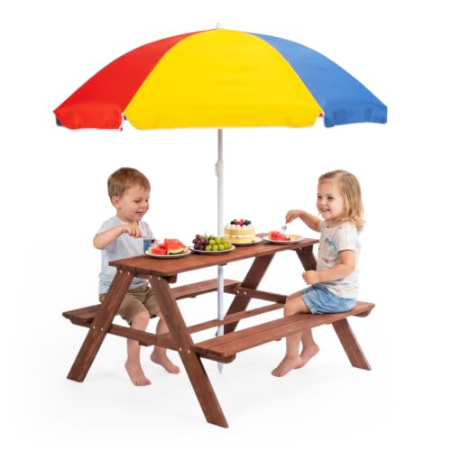 Bonnlo Kids Picnic Table with Umbrella Wooden Toddler Picnic Table and Chair Set with Removable Parasol Outdoor Activity Table with Benches for Patio Garden Backyard (Dark Brown)